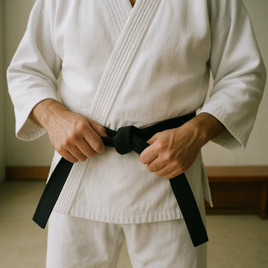 Mãos de um adulto apertando o nó da faixa preta sobre o quimono branco